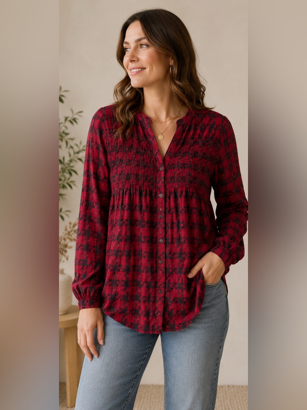 SZ L Ruby Plaid Smocked Blouse Knox Rose